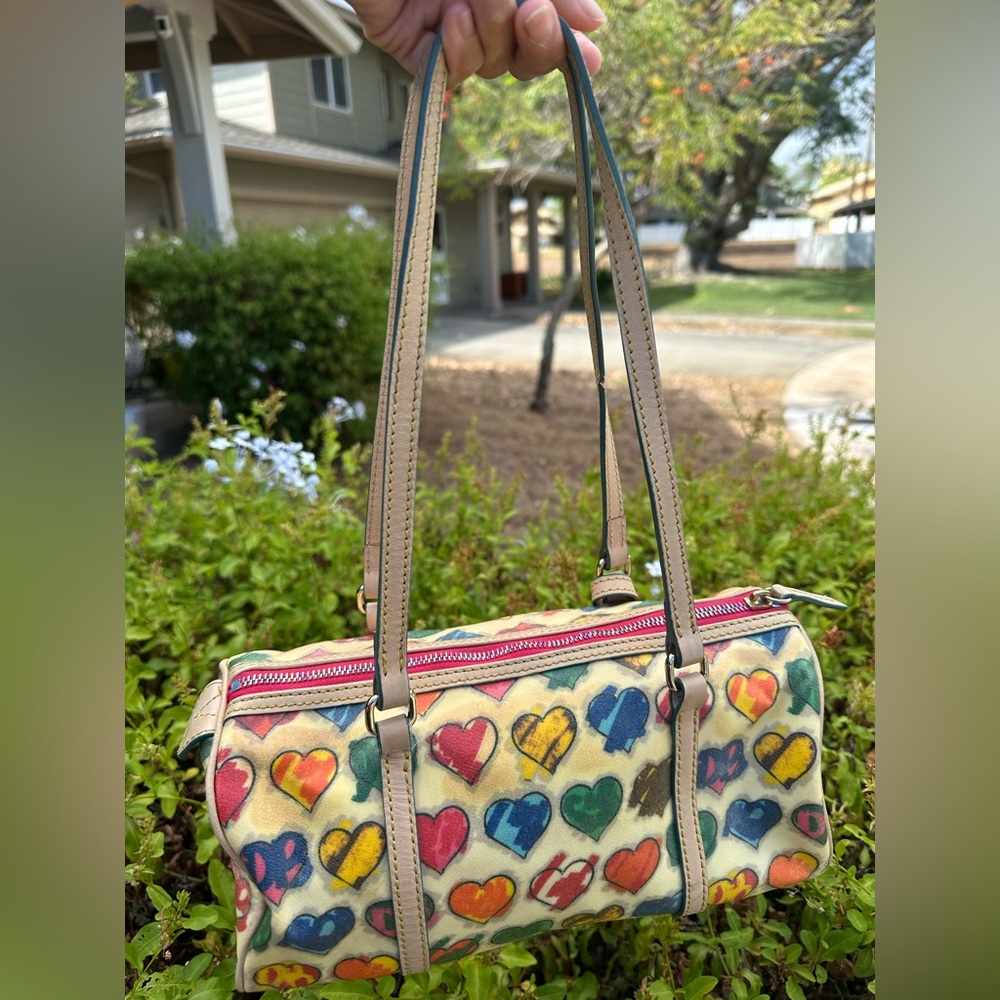 Dooney & Bourke Multicolor Heart Print Satchel - Pink, Blue, Yellow, Green, Red - Picture 3 of 8